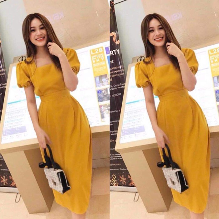 [HCM]Đầm cổ vuông tay phồng thắt nơ eo