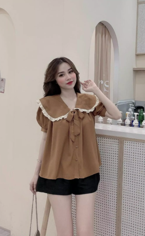 Set bộ nữ áo babydoll cổ bẻ cột nơ kèm quần
