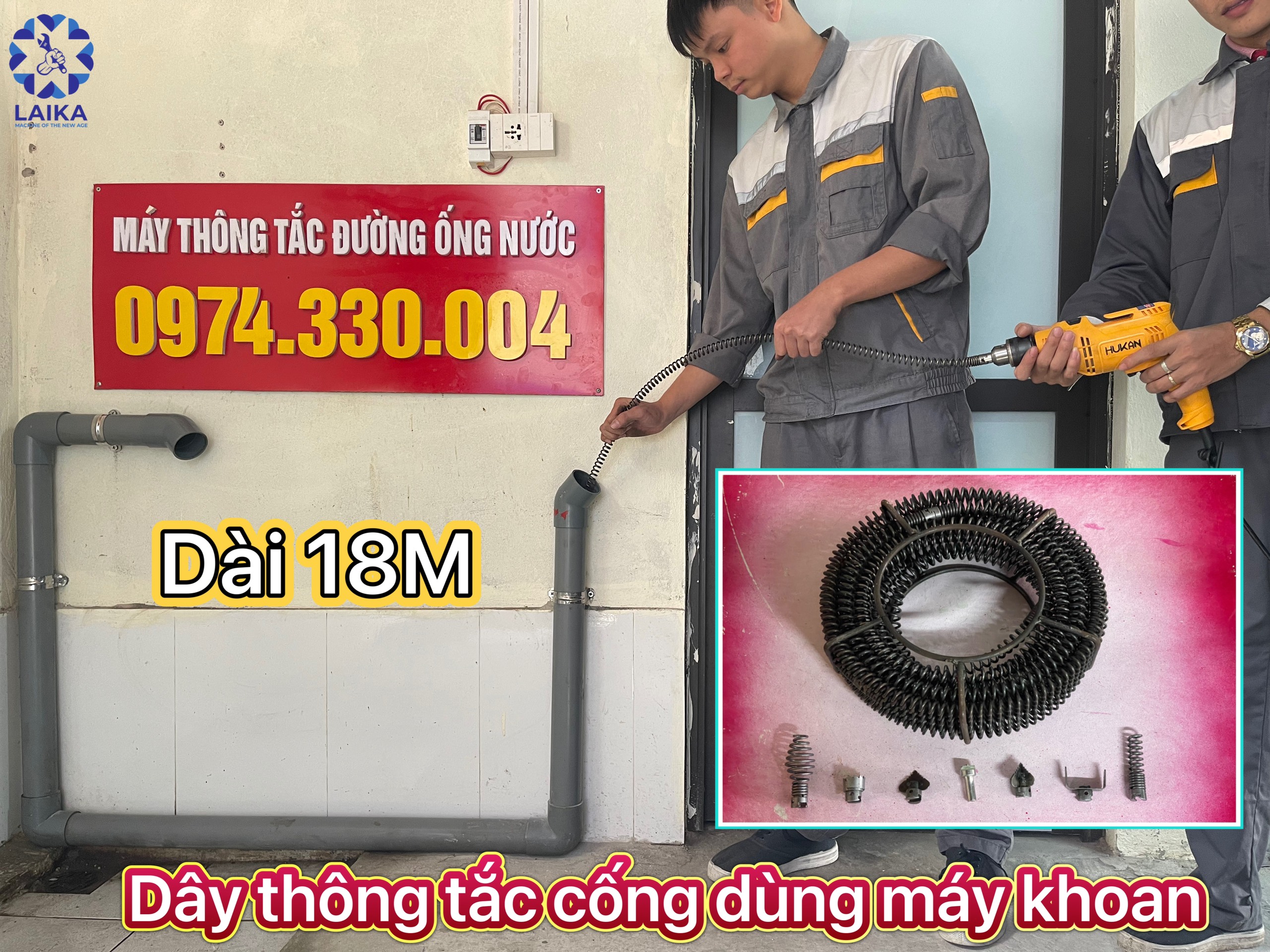 Dây thông tắc cống dùng máy khoan dài 18m + 6 đầu thông + kết nối máy khoan