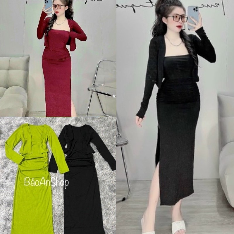 Sét áo khoác + đầm body dây xẻ đùi from dài