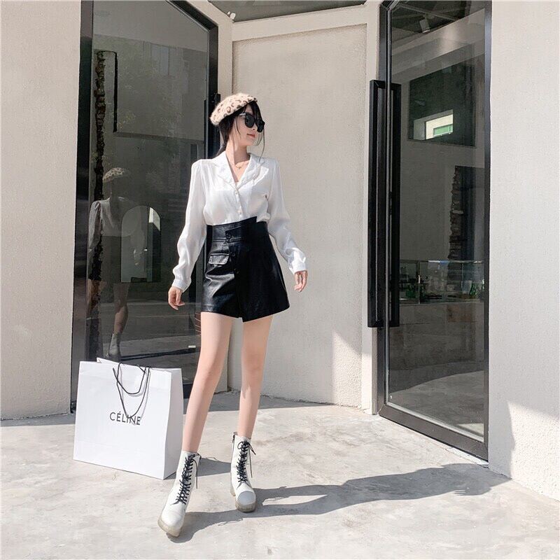 CHÂN VÁY DA CẠP CAO CHÉO LƯNG GIẢ QUẦN DA
