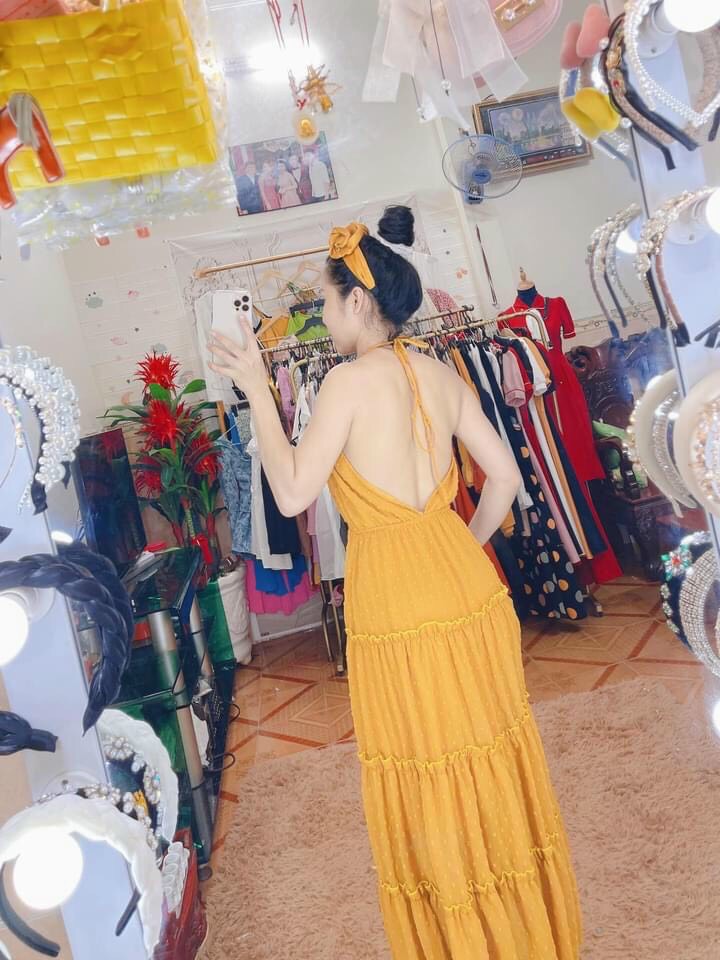Đầm maxi cổ yếm hở lưng dáng dài + Ảnh thật
