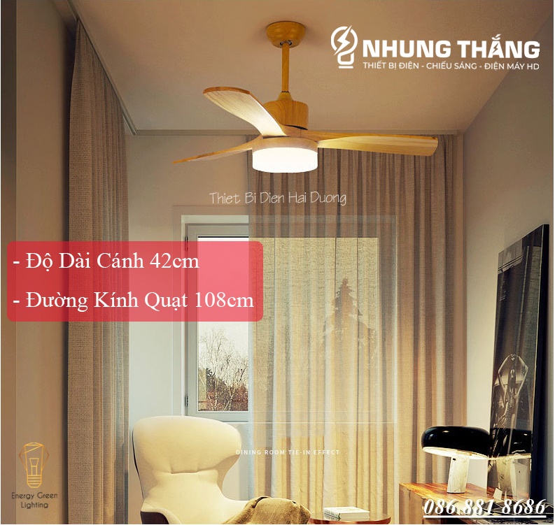Quạt Trần Gỗ 3 Cánh QT-11055 Phong Cách Bắc Âu Tích Hợp Đèn Chiếu Sáng - 3 Chế Độ Ánh Sáng - Điều Khiển Từ Xa - Có video