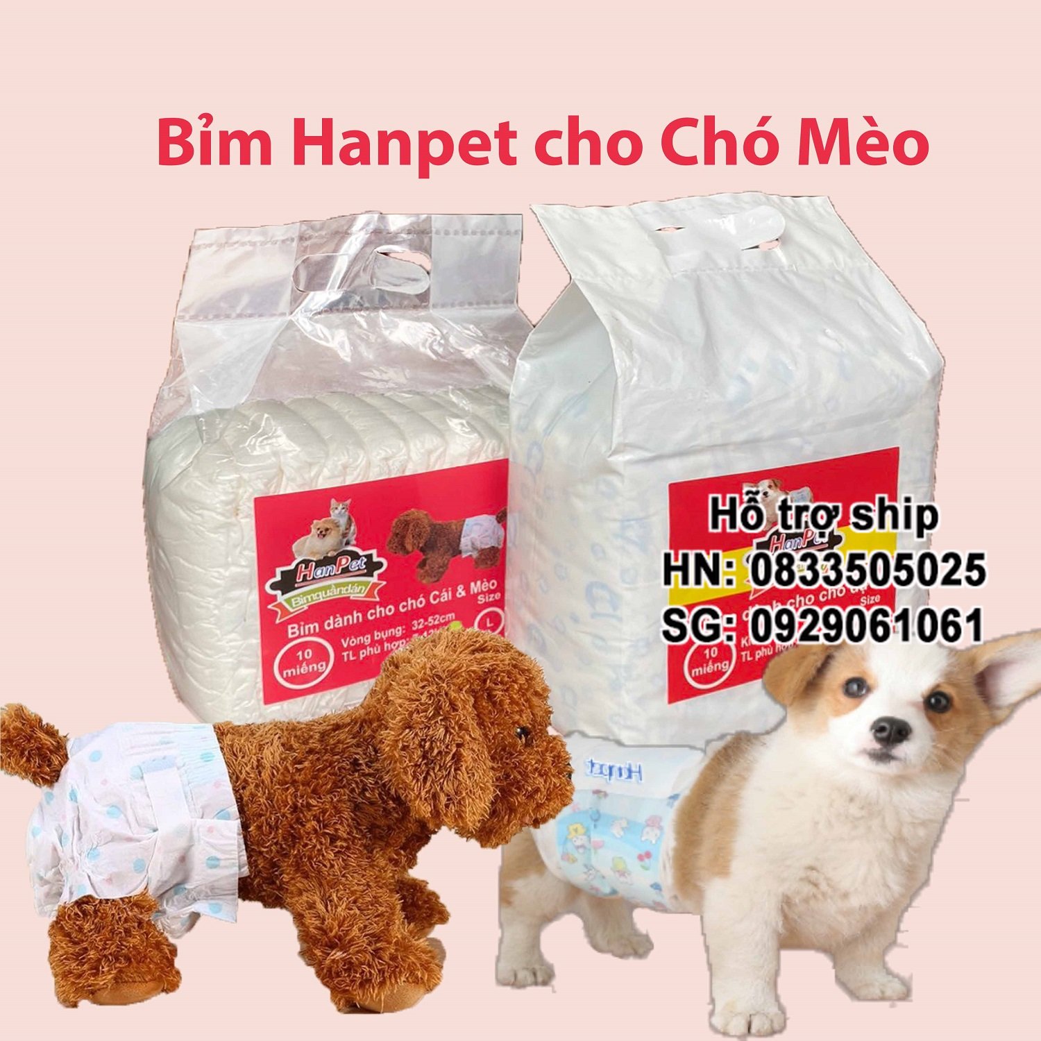 Hanpet - 10 miếng Bỉm quần chó cái/đực và bỉm cho mèo loại siêu thấm