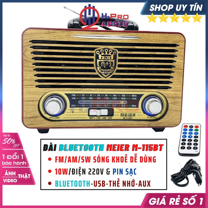 Đài Radio Nghe Nhạc, Đài Radio Bluetooth Meier M-115BT ​Cổ Điển 10W Am-Fm-Sw, Usb-Thẻ Nhớ-Aux-Pin Sạc-H2Pro Tech