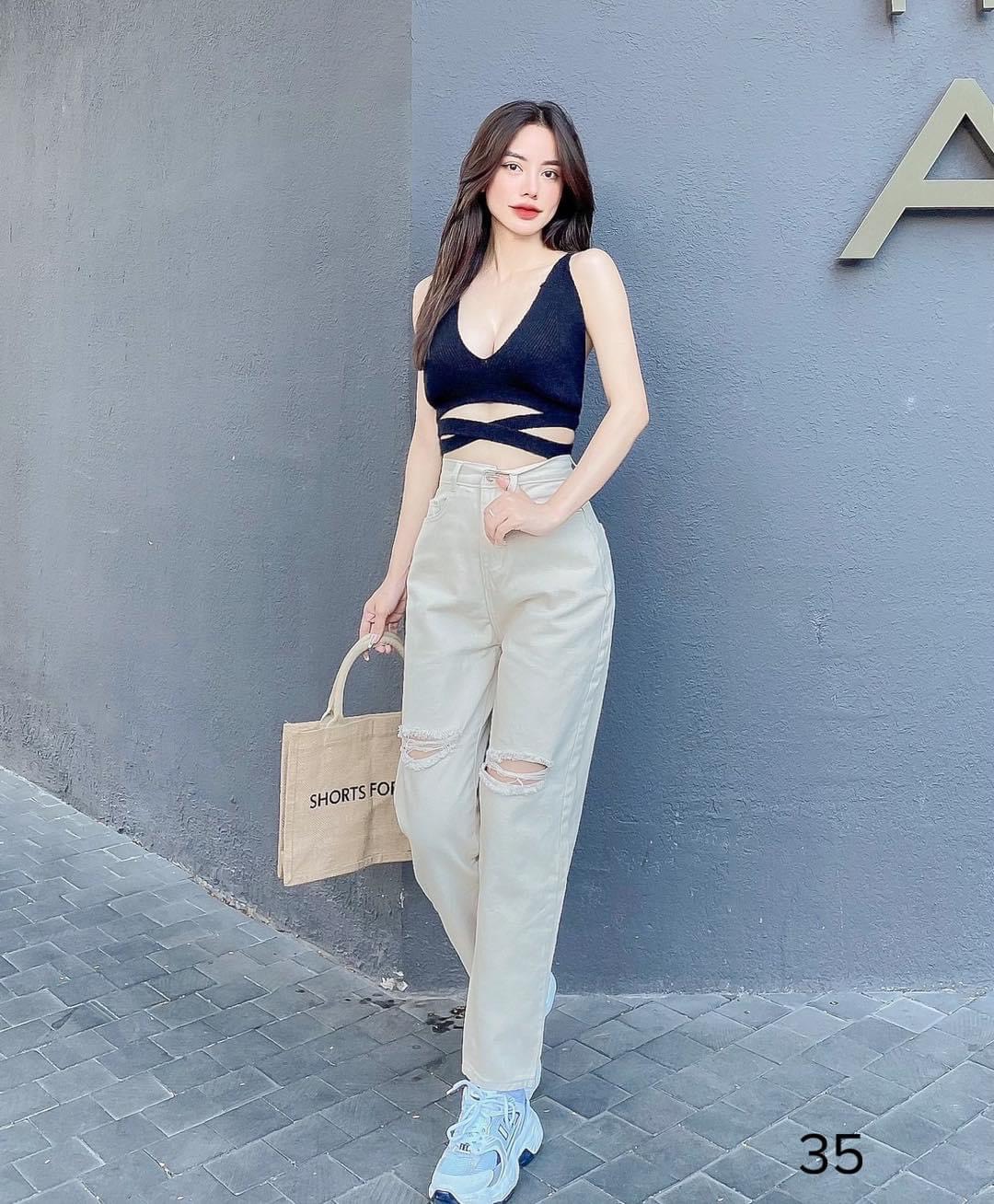 Quần baggy kaki nữ lưng cao mẫu rách ngang, quần kaki nữ Trắng, chất kaki jean mịn cao cấp THỜI TRANG CAO CẤP HUYNE HOUSE