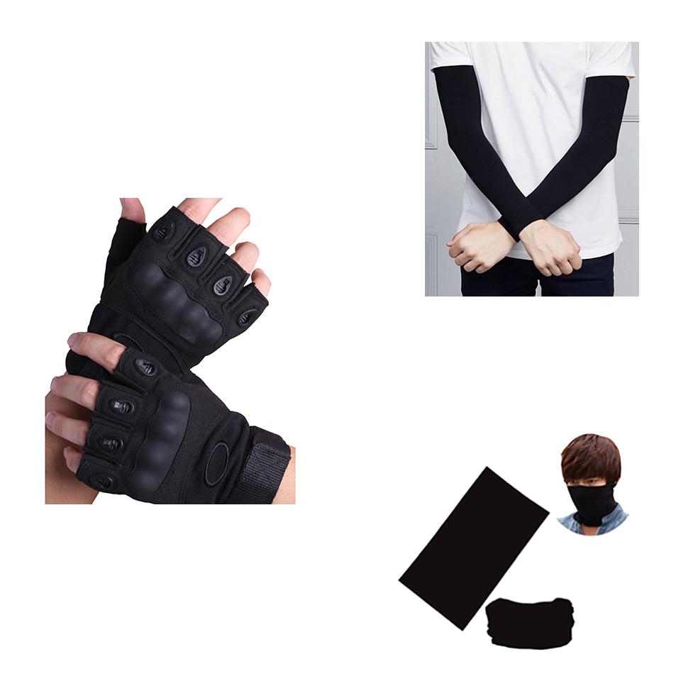 Combo phượt 3 món full đen (găng tay Oakley cụt ngón + ống tay chống nắng + khăn đa năng)