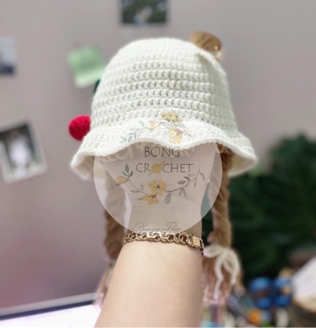 Mũ Len Bím Tóc Cherry (Mũ Trắng) Xinh Cho Bé Yêu ???