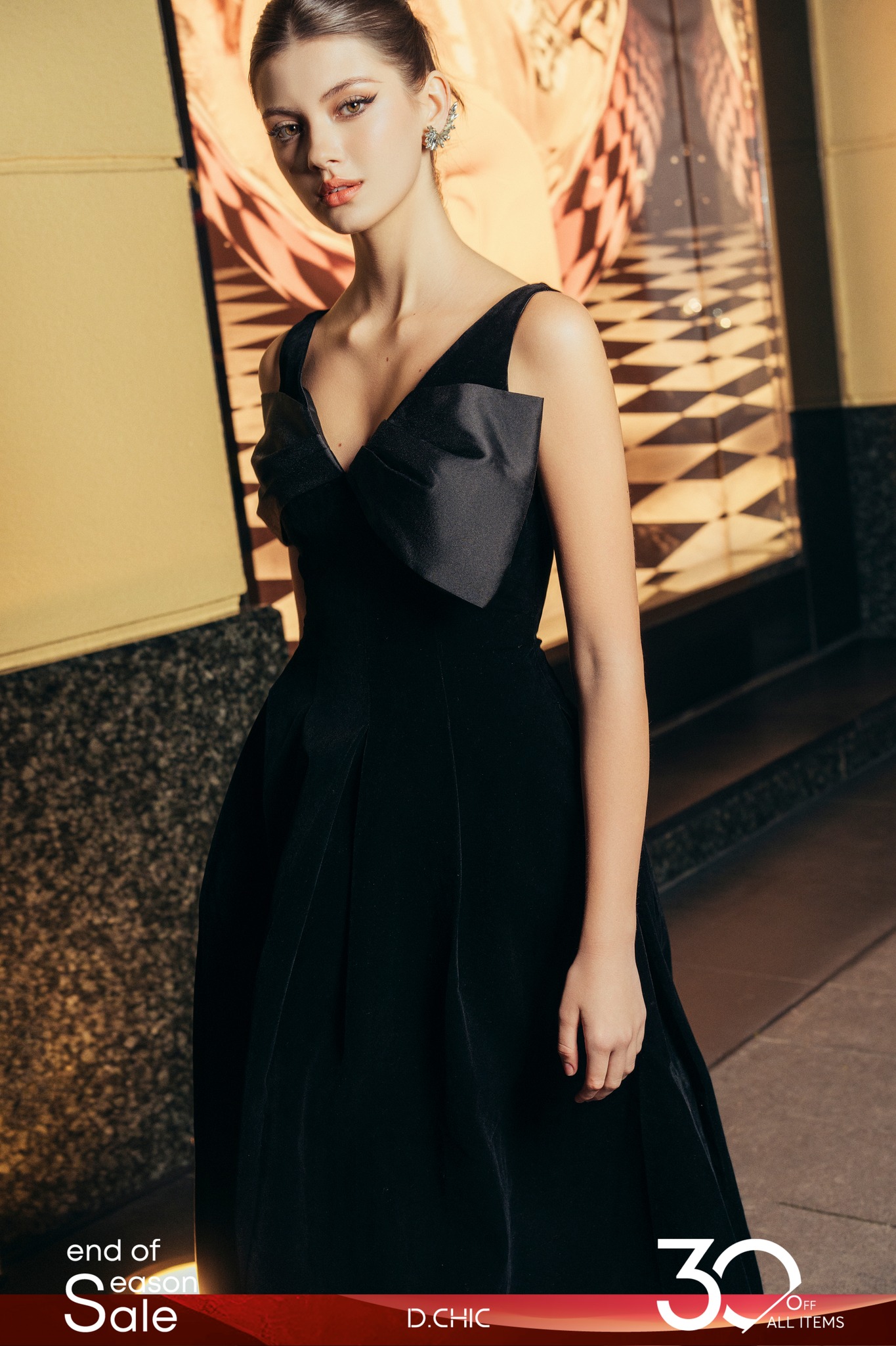 D.CHIC Váy nhung cổ V phối nơ to MS: 2813224