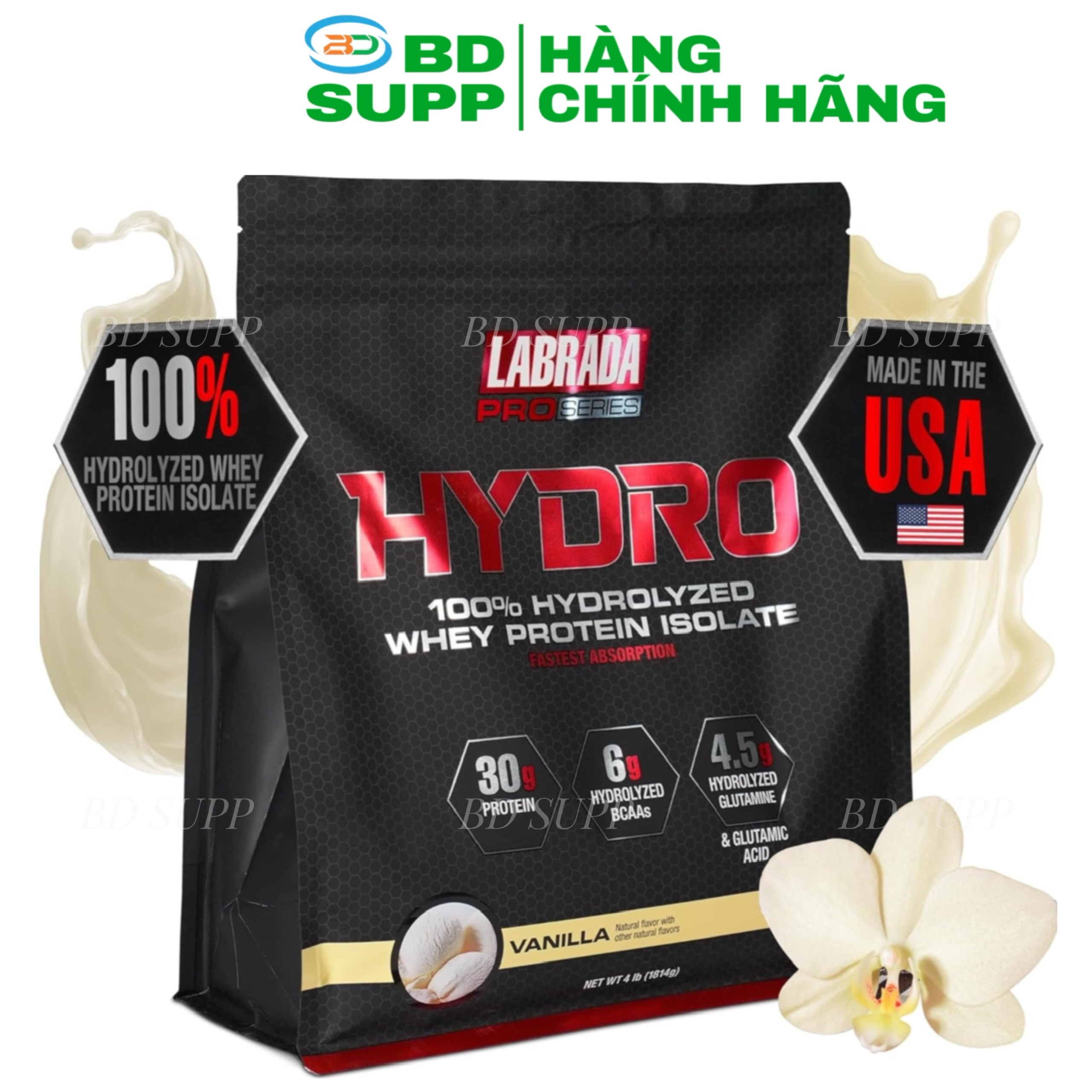 Labrada Whey HYDRO (1.8kg) 100% Whey Protein Hydrolyzed Isolate, 30g Protein, 6g BCAA, 4.5g Glutamine, Công Ty BBT Phân Phối