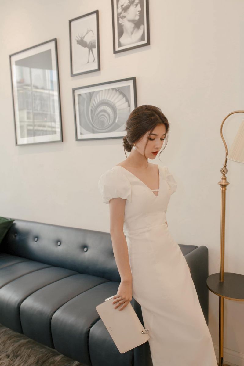 ĐẦM MAXI TAY CON PHỒNG HỎ LƯNG THẮT DÂY SANG TRỌNG(TRẮNG)