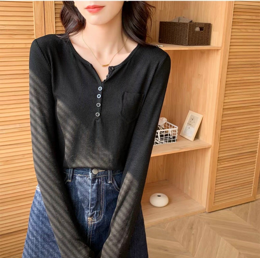 Áo thun gân tay dài cổ v vạt bầu freesize thun co dãn thấm hút mồ hôi màu trắng, đen, xanh mẫu mới bán chạy giá rẻ siêu hot quần áo thời trang giá kho sỉ