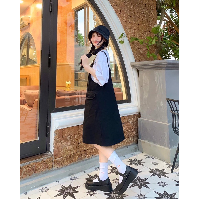 Set váy yếm kaki kèm áo thun siêu cute