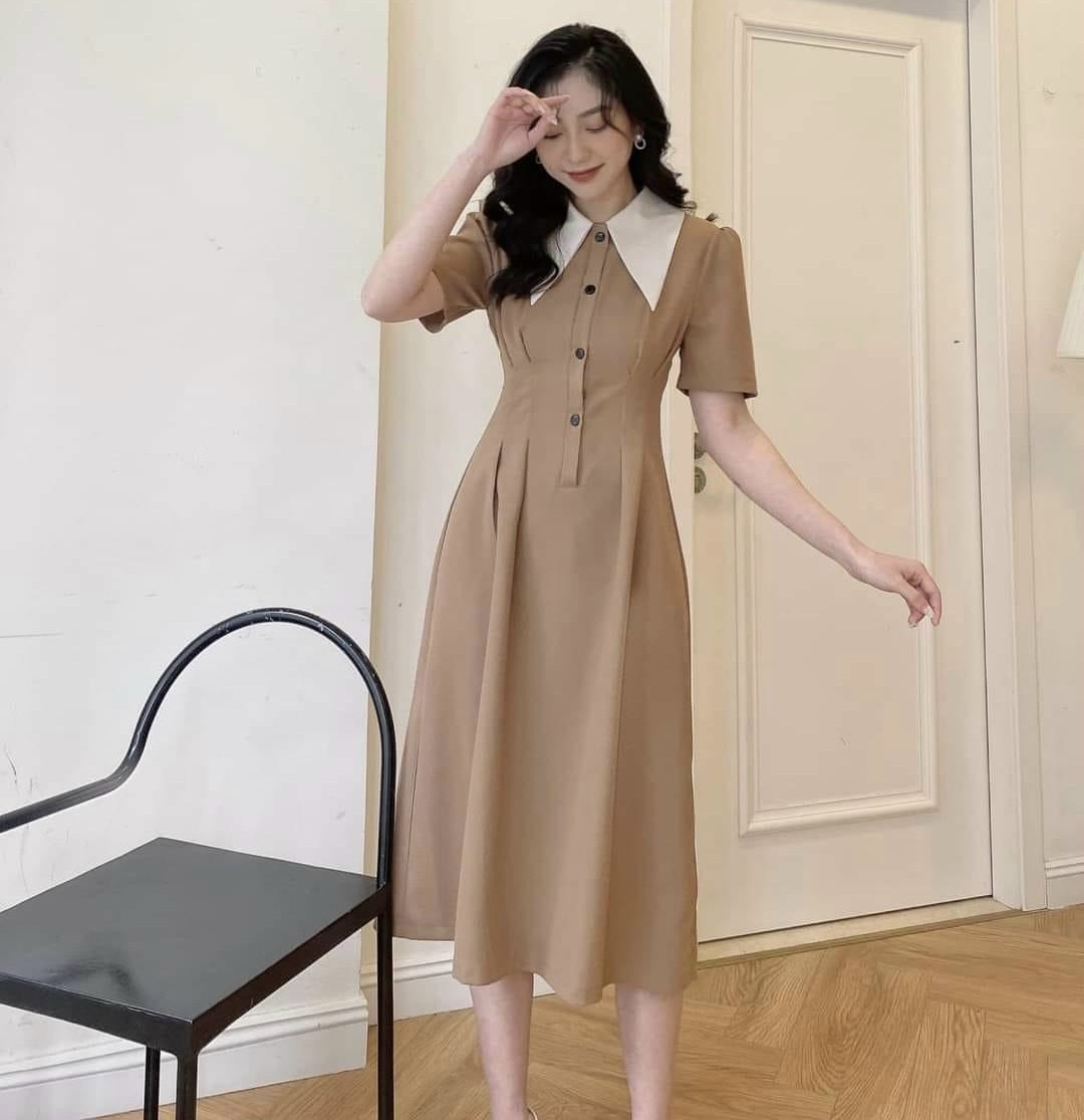 Đầm cổ trắng nút trước 4 màu