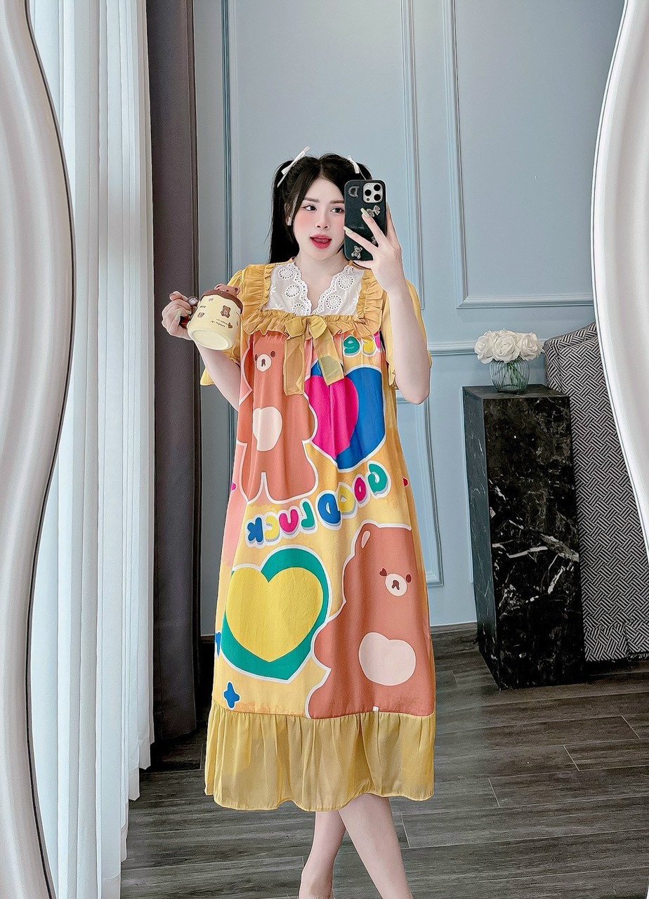 Đầm váy ngủ mặc nhà LỤA XƯỚC dễ thương phom rộng
