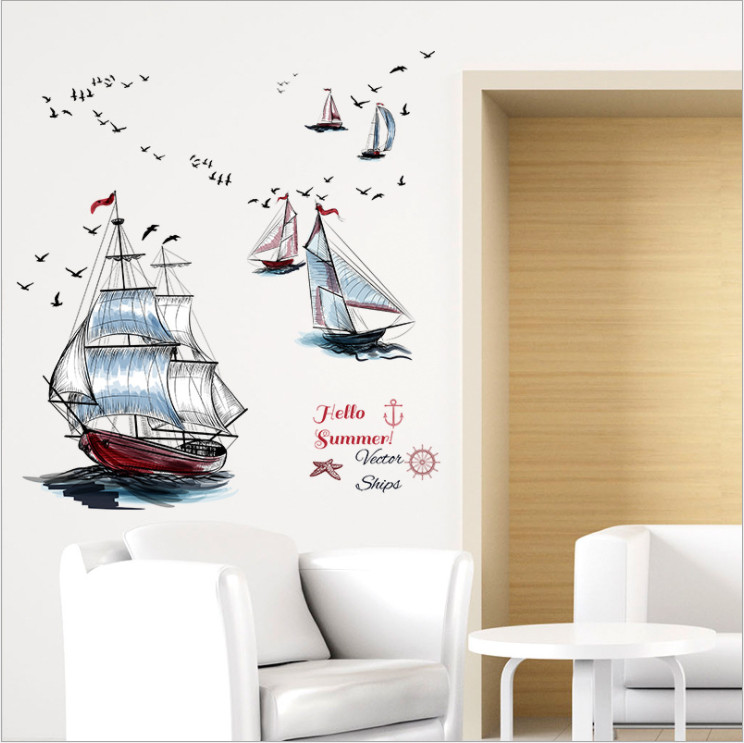 Decal Dán Tường Trang Trí Góc Làm Việc Thuyền Buồm Đủ Màu Sang Trọng AmyShop
