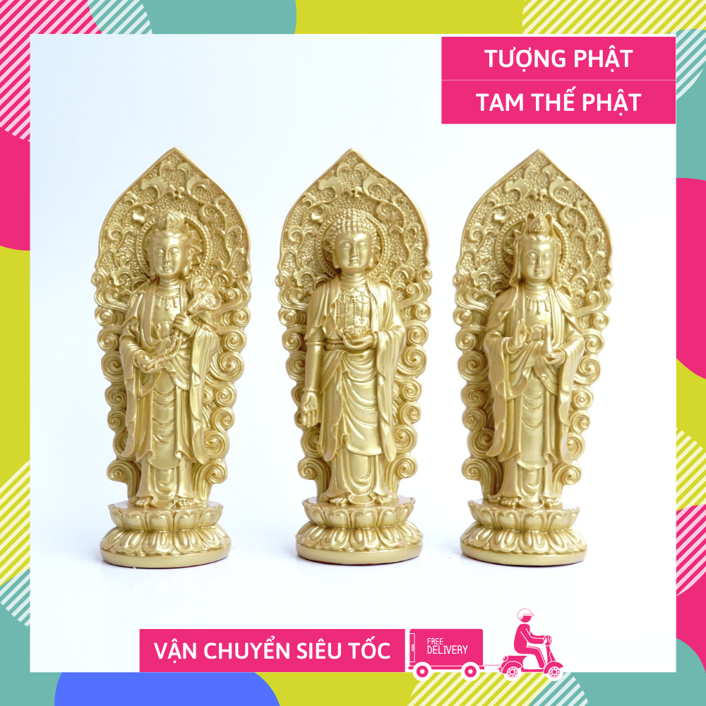 Bộ 3 tượng Tam Thế Phật Tây Phương Tam Thánh đứng nhũ vàng - Cao 18cm. Mang lại may mắn được phù hộ bình an cho gia đình. Cam kết giá rẻ trên thị trường