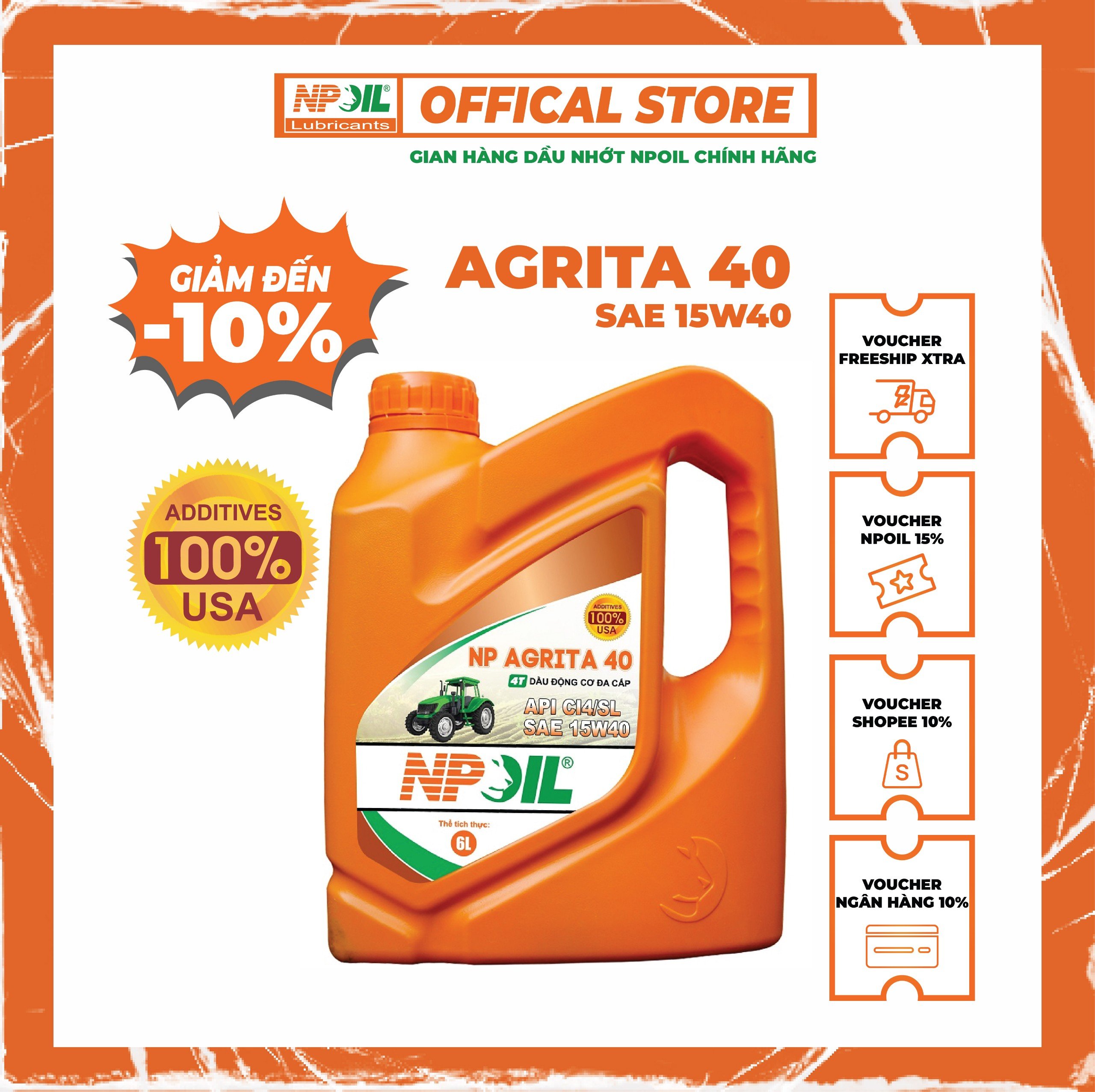 Npoil - dầu động cơ máy nông nghiệp np agrita 40/50 api ci4 - can 6l