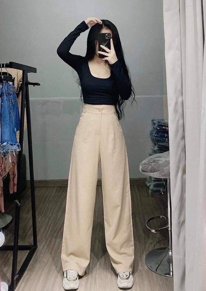 Quần ống rộng đũi cạp cao dài 100cm