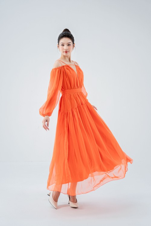 Đầm voan cam trễ vai thời trang SIXDO (Orange Off-shoulder Midi Voile Dress)