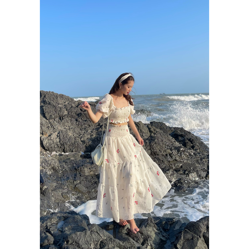 SE11 Set váy maxi đi biển dáng dài phối áo croptop tay bồng HABII [CÓ  BIGSIZE] | Shopee Việt Nam