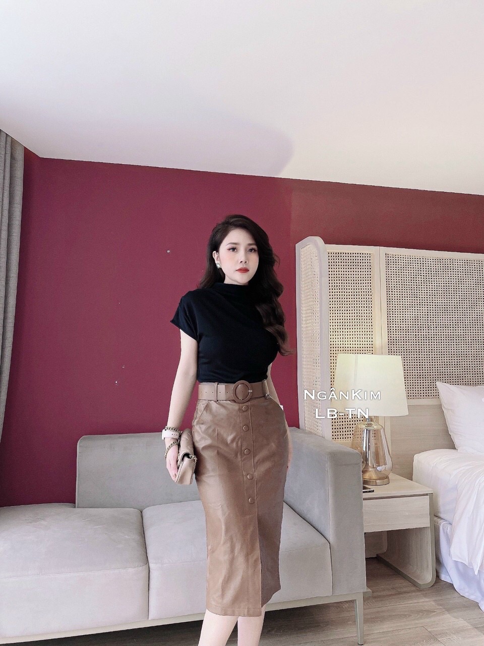 Chân váy da bút chì kèm đai - Hàng QC cao cấp