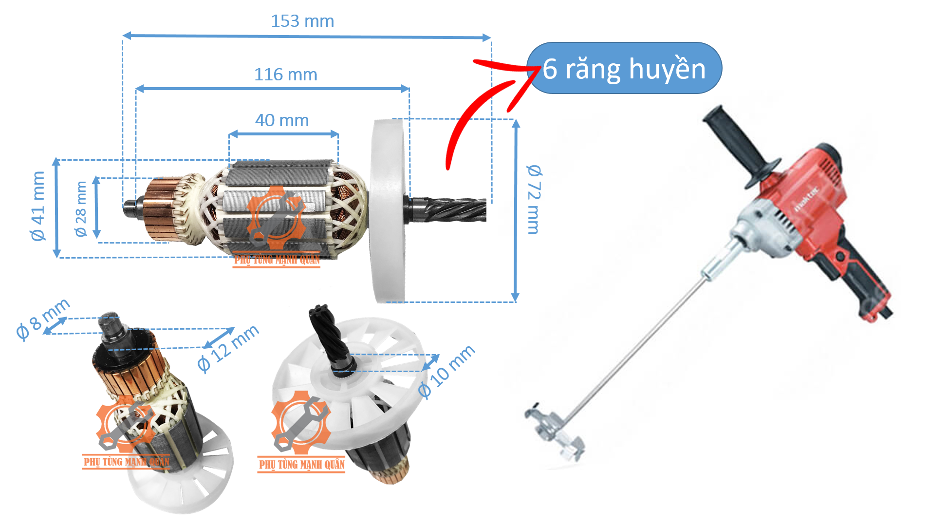 Rotor/ruột máy khuấy sơn (máy đánh bột) 6 răng tặng kèm bộ chổi than