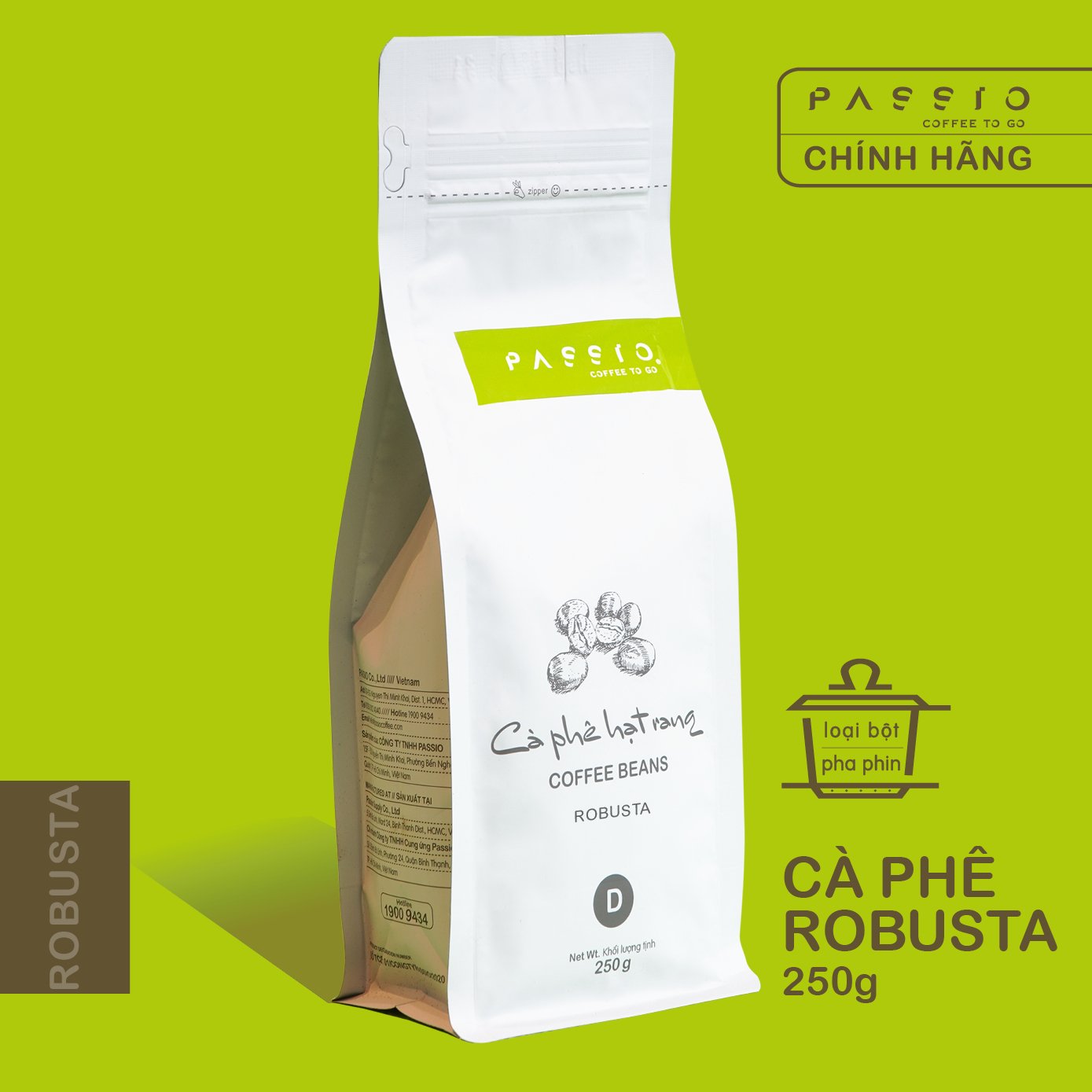 Cà phê Robusta dạng Bột (pha phin) nguyên chất 100% rang mộc - Passio Coffee (250g)