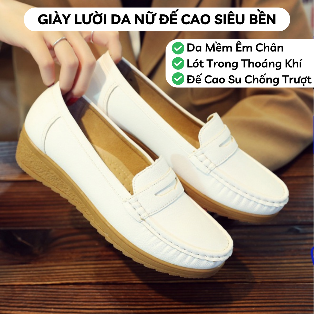 Giày Lười Độn Đế Nữ, Giày Moca Nữ Chất Liệu Da Cao Cấp