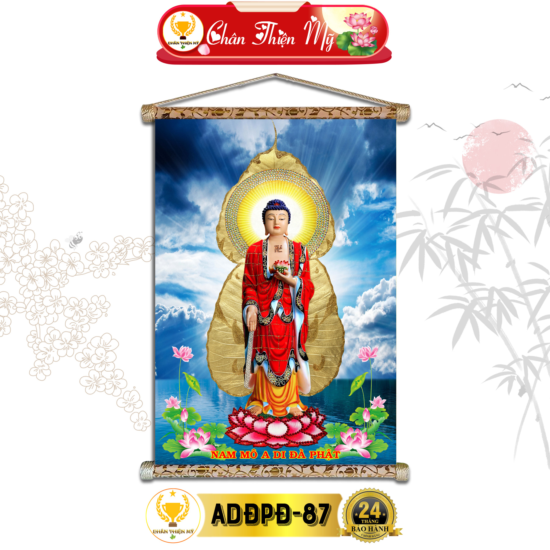 Tranh phật treo tường phật a di đà đứng chân thiện mỹ, chất liệu vải lụa kim sa khung gỗ 40x60cm adđpđ-42
