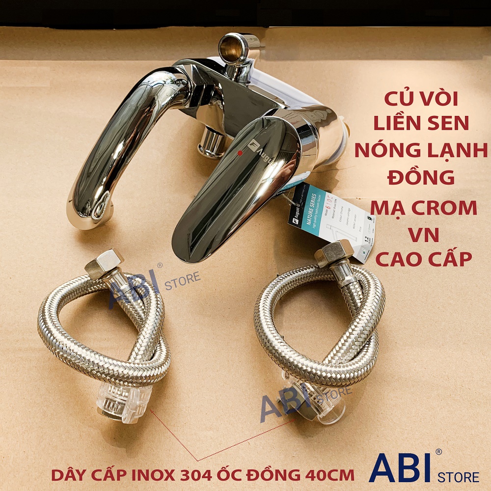 Củ vòi lavabo liền sen tắm to kèm đôi dây cấp nước nóng lạnh 40cm đẹp giá rẻ, Củ sen liền vòi, củ vòi liền sen, củ sen vòi liền chậu