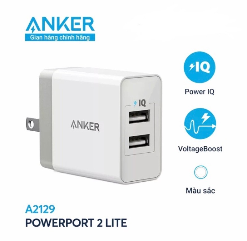 Sạc ANKER PowerPort 2 Lite 2 cổng PowerIQ 12W - A2129 - Sạc tối ưu với công suất 12W khi sử dụng 1 cổng, trang bị nhiều công nghệ an toàn tiên tiến giúp bảo vệ thiết bị và sạc