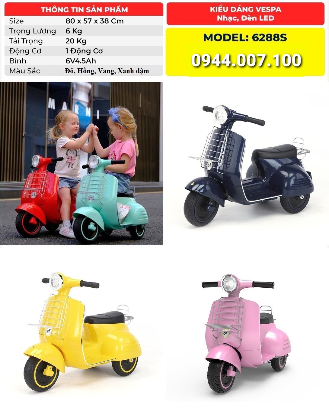 [Giao nhanh HCM] Xe máy điện vespa cho bé 6288S