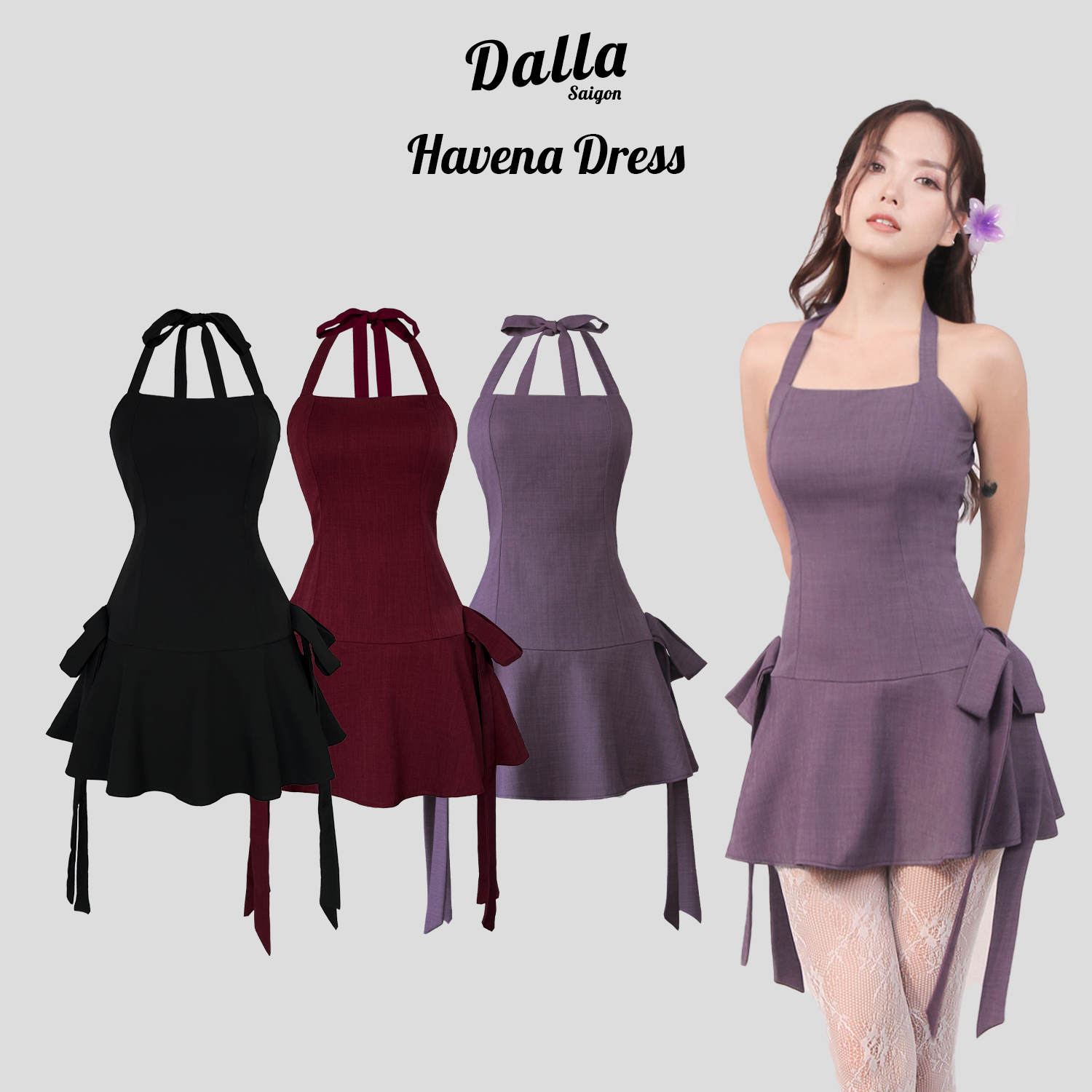 DALLA Đầm cột dây cổ yếm gắn nơ 2 bên (D21)