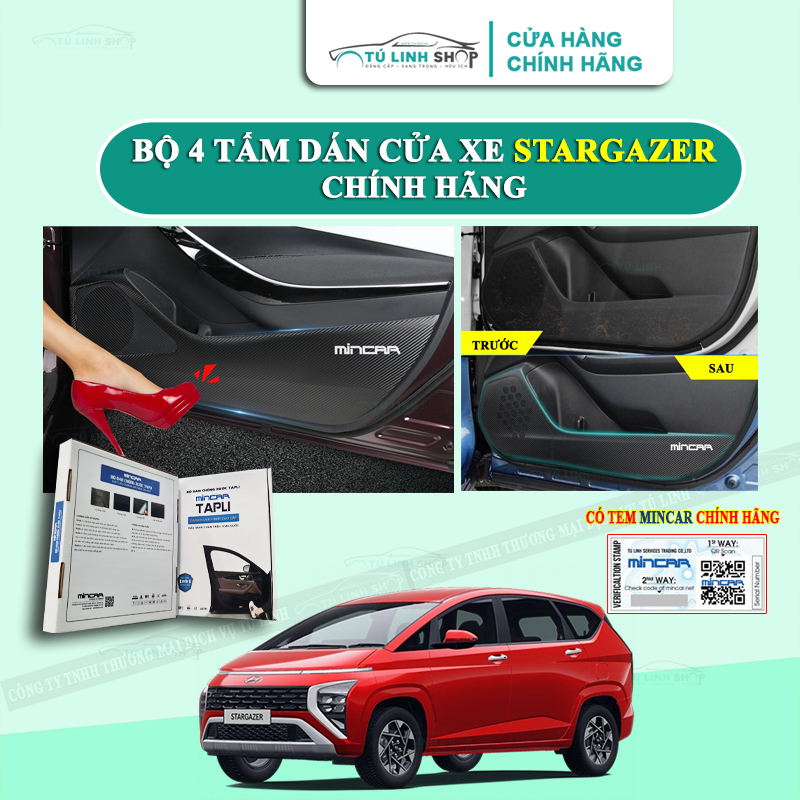 Bộ 4 Tấm dán Tapli xe STARGAZER chính hãng MINCAR chống trầy xước cửa xe, chống xước tapi cửa ô tô bằng Carbon Air Fiber cao cấp