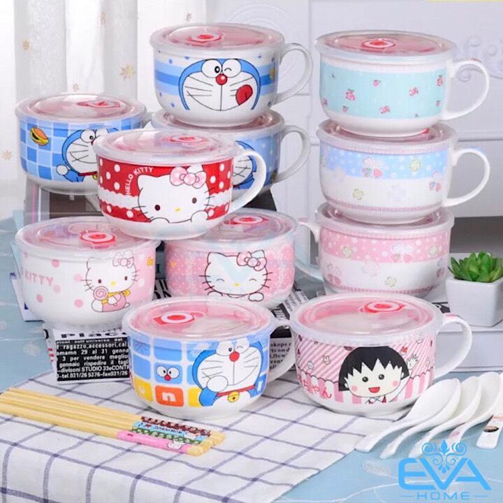 [HCM]Ly Ăn Mì Sứ Họa Tiết Có Nắp Đậy Chân Không Tiện Dụng