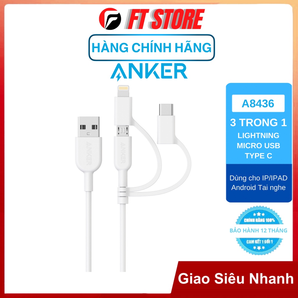 Cáp 3 in 1 anker powerline ii 0.9m-a8436 dành cho ip/tablet táo/android