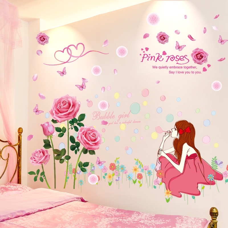 Decal dán tường hoa hồng phấn trang trí phòng ngủ (mẫu mới)