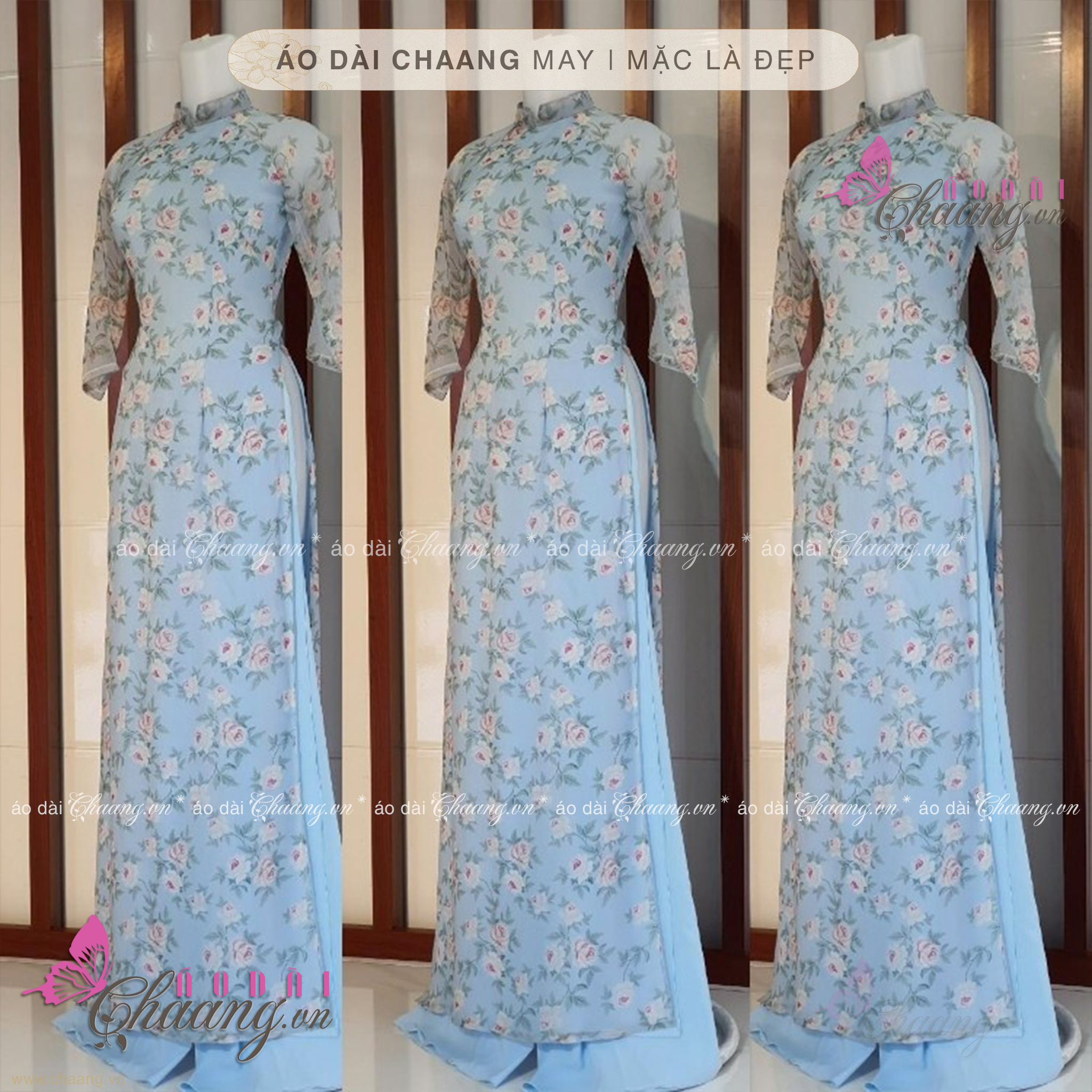 Áo dài hoa nhí - Chaang May sẵn vải áo dài truyền thống 4 tà, vải lụa kết hợp to hoa nhí xanh đẹp