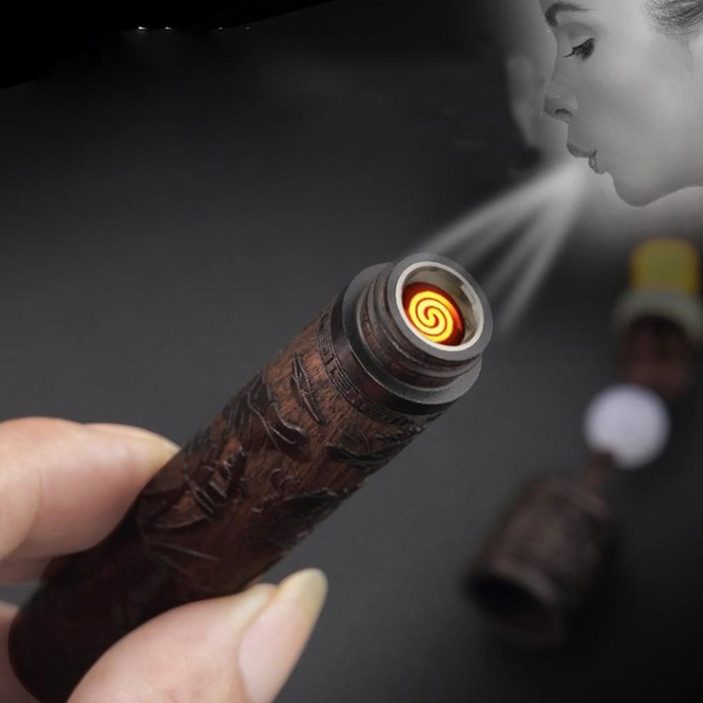 [HCM]GIÁ RẺ Bật lửa sạc usb bằng gỗ thổi bật tắt