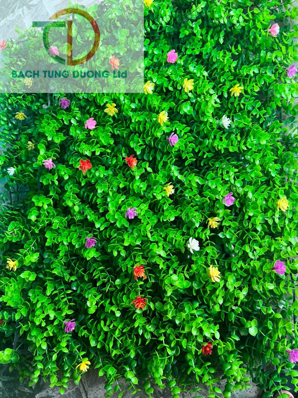 Thảm cỏ tai chuột nhân tạo có hoa trang trí