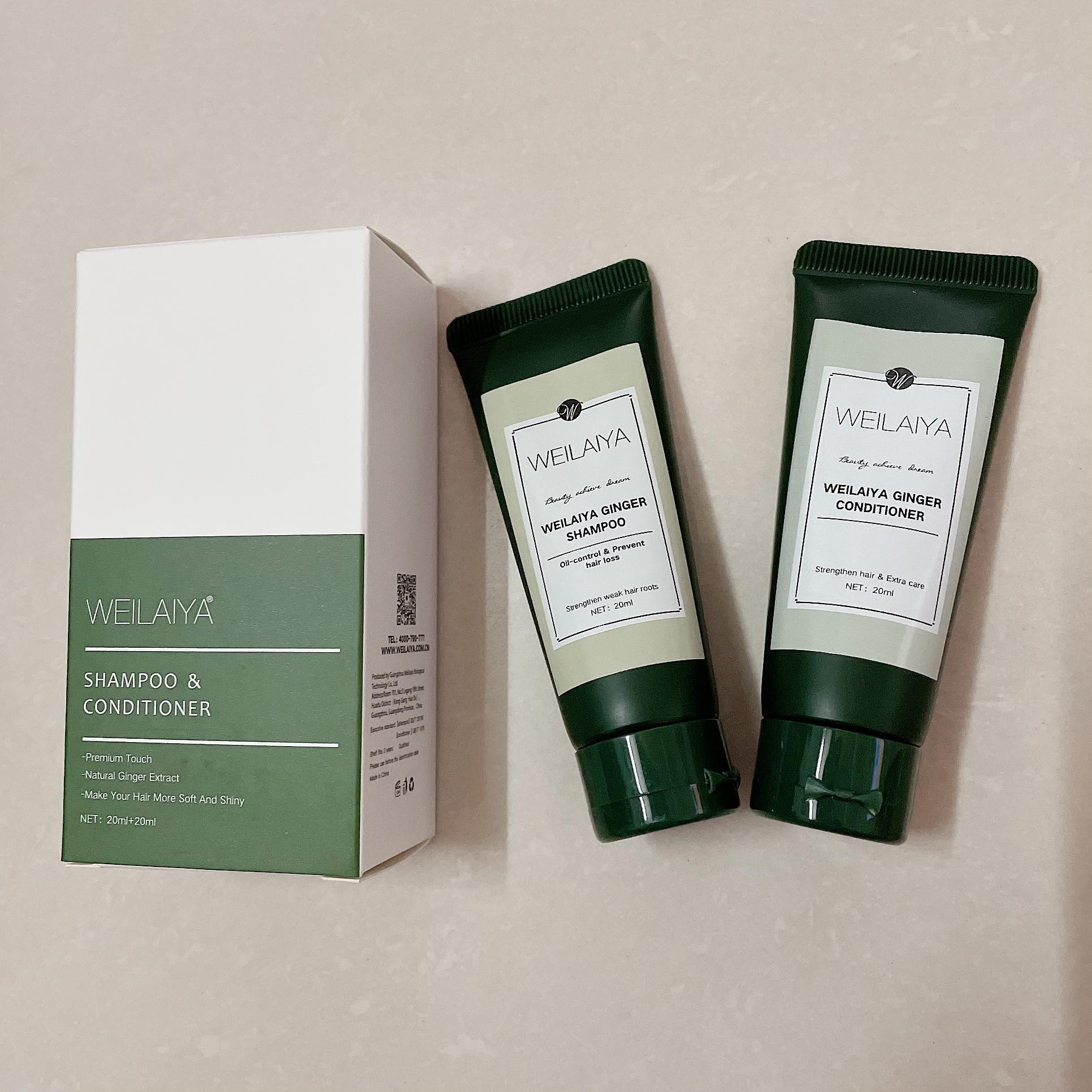 Set dầu gội dầu xả gừng, gừng hà thủ ô Weilaiya ngăn rụng, kích mọc tóc Size mini gội 20ml xả 20ml