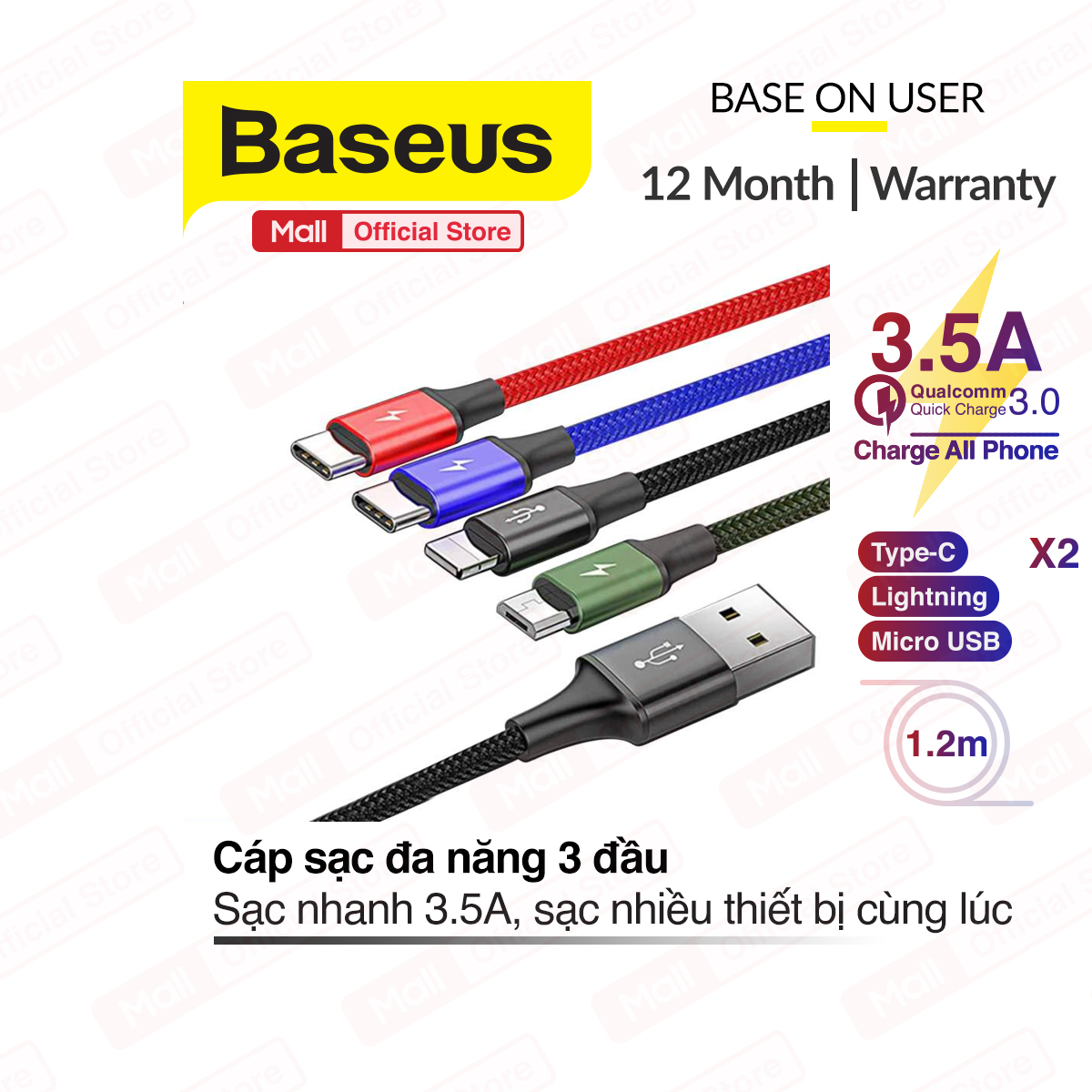 Sạc Baseus cáp sạc và truyền dữ liệu tốc độ cao 4 cổng sạc Baseus Rapid Series 4 in 1 Cable, tích hợp 4 đầu kết nối Type C, Android và 2 Lightning, hỗ trợ sạc nhanh lên đến 3.5A, dài 120cm