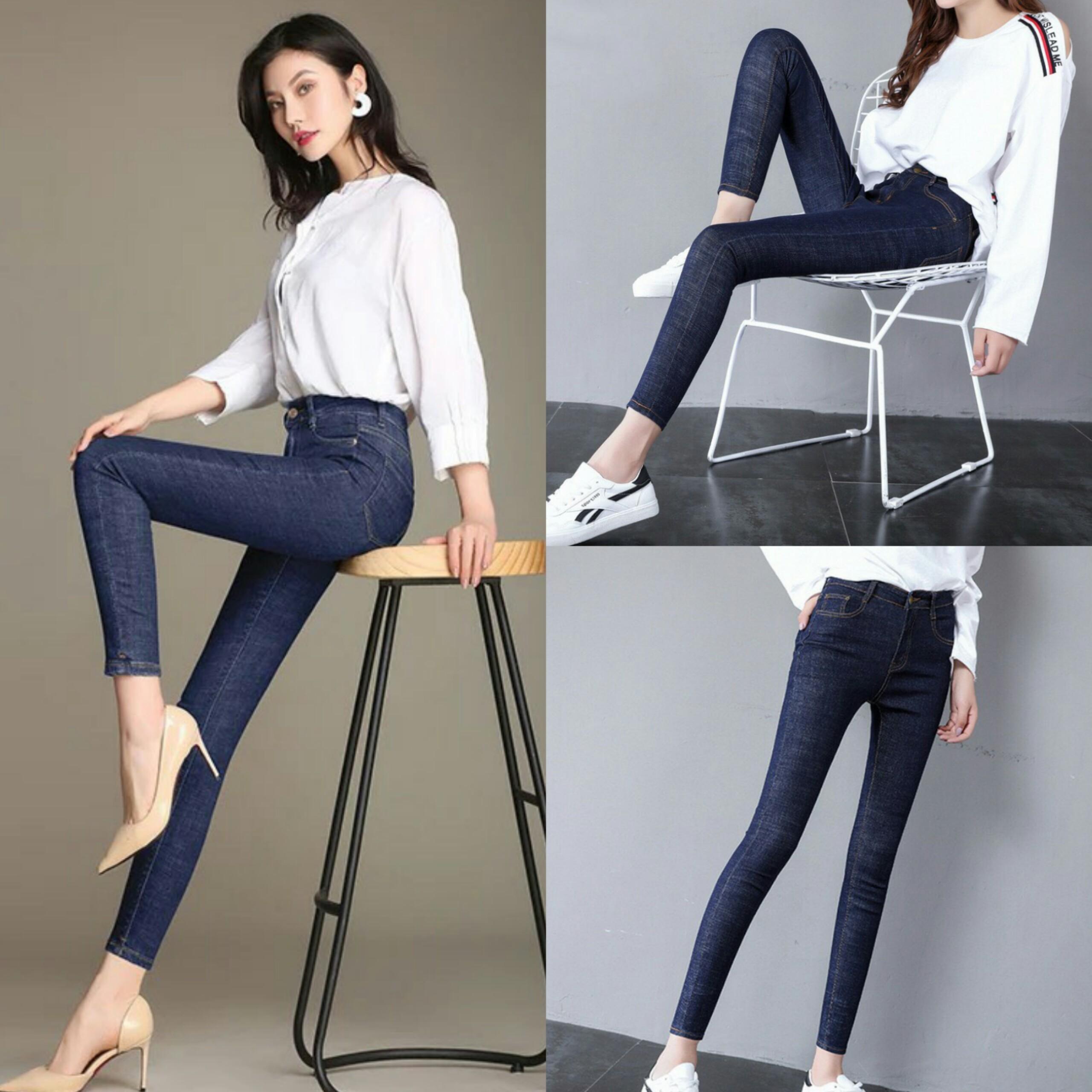 Quần jean nữ (03) lưng cao trơn màu xanh tiêu chất siêu giãn ( size 26 - 34 ) xx-03-da55