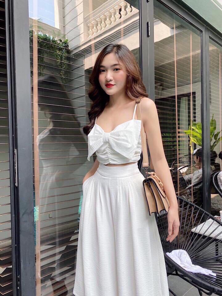 Set bộ nữ áo hai dây đính nơ ngực quần ống rộng