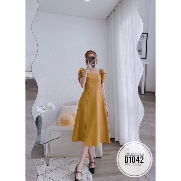 (60-90kg) BIGSIZE Bigsize Đầm cổ vuông xẻ tà