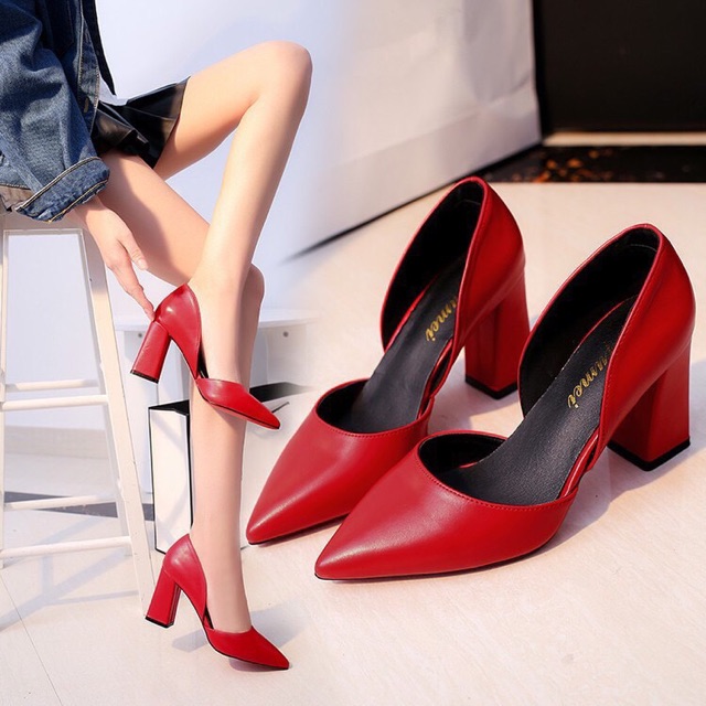 Giày cao gót bít mũi 7 phân gót vuông da trơn mềm cách điệu