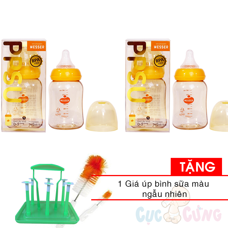 Bộ 2 Bình sữa Wesser PPSU cổ nhỏ 140ml + 1 Cọ rửa bình sữa màu ngẫu nhiên Tặng 1 giá úp bình sữa màu ngẫu nhiên