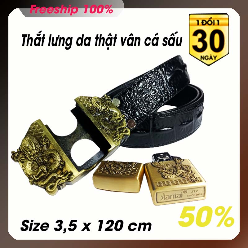 Thắt lưng nam 2 trong 1 kiêm bật lửa XĂNG ĐÁ BẤC  thắt lưng da công nghiệp mềm mại đầu khóa họa tiết rồng vàng cưỡi mây. có video.