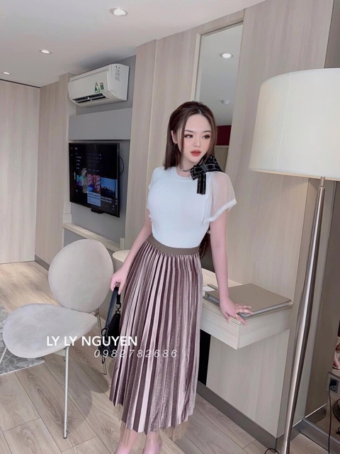 Chân váy xếp ly nhung - Mặc 2 kiểu